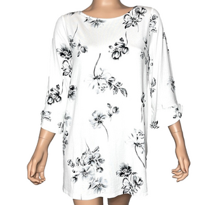 J JILL Wearever Cream Black Floral Ruffle Sleeve Soft Rayon Top Blouse Medium